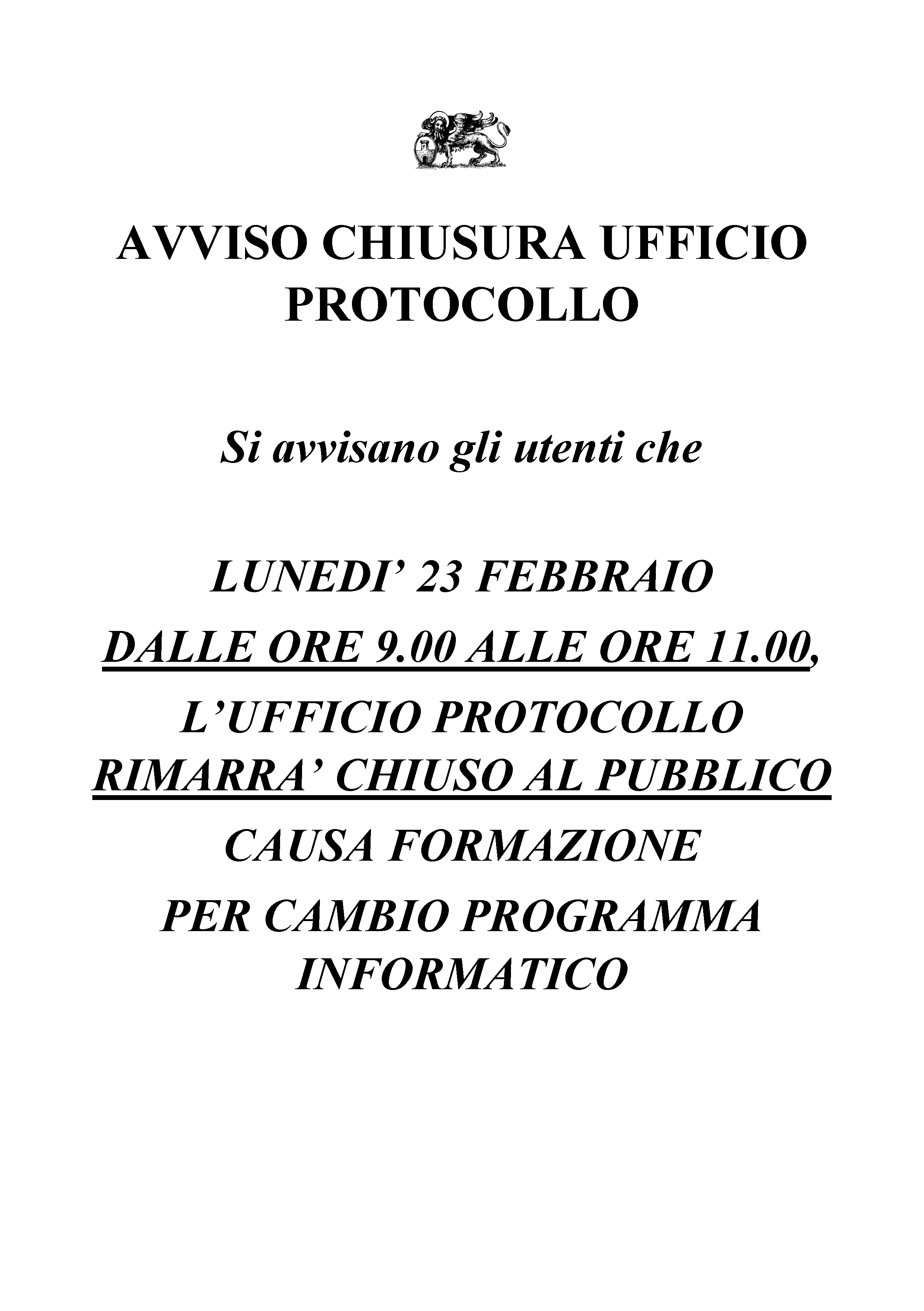 Immagine Chiusura ufficio protocollo